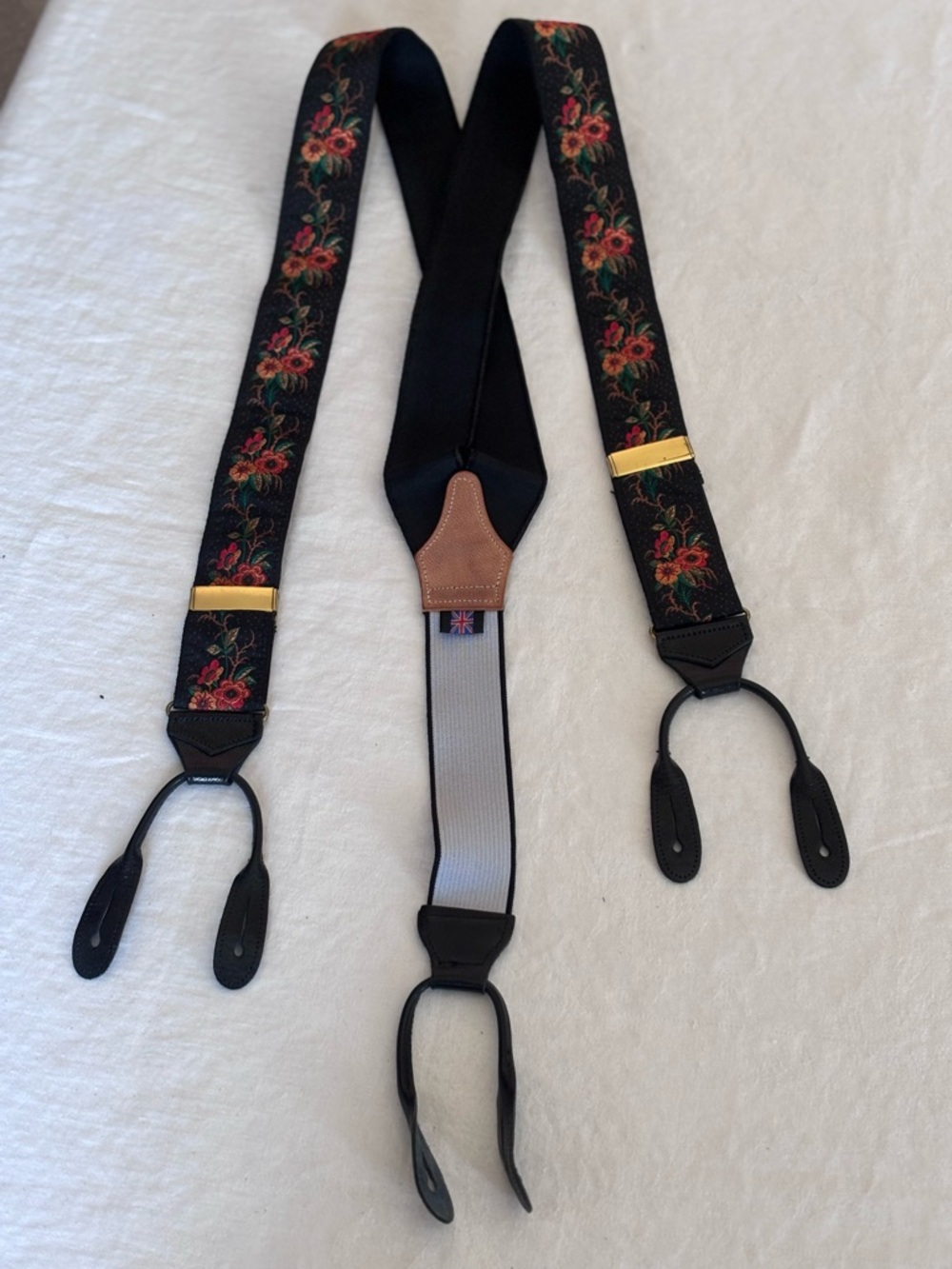 Vintage Albert Thursten Made in England Jaquard Ribbon Woven Floral Suspenders